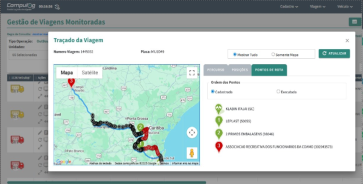 Tela do Compulog mostrando o traçado de uma viagem monitorada no mapa com pontos de rota e ordem das paradas