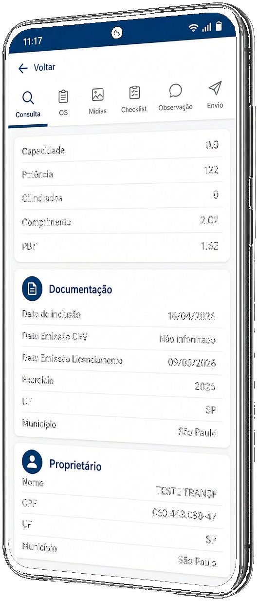 Aplicativo VistoriaPro exibindo o fluxo de vistoria veicular em um smartphone